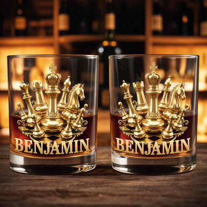 A Classic Match With Gold Chess Pieces And Custom Name - Personalized Custom Whiskey Glass - HOB305_RWG