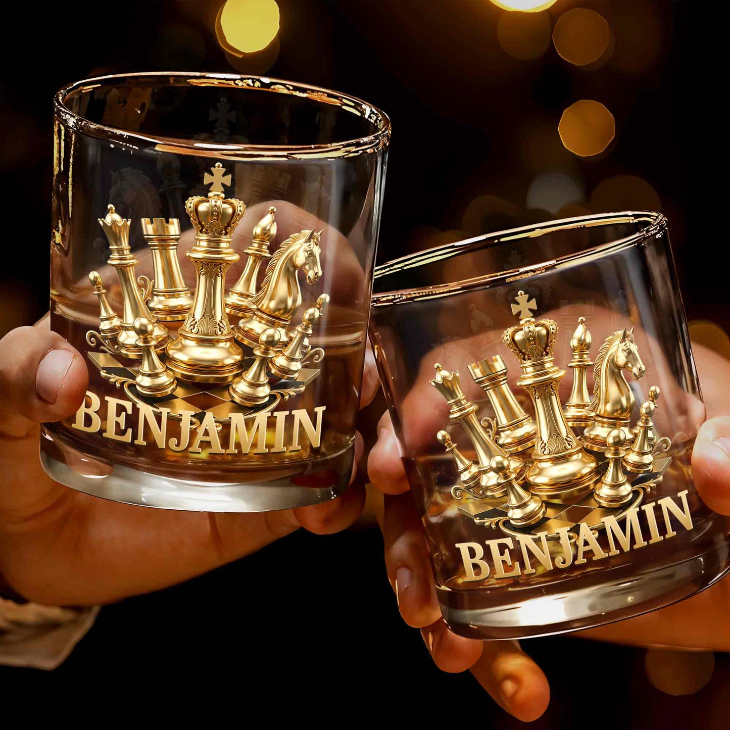 A Classic Match With Gold Chess Pieces And Custom Name - Personalized Custom Whiskey Glass - HOB305_RWG