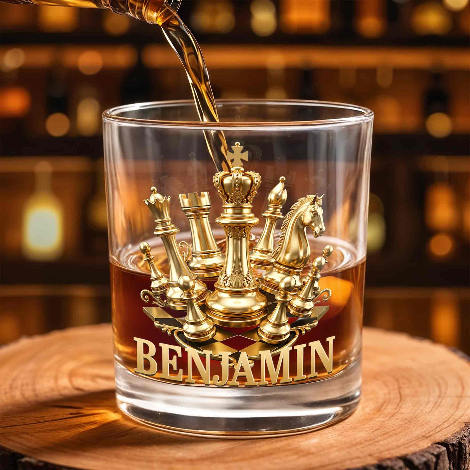 A Classic Match With Gold Chess Pieces And Custom Name - Personalized Custom Whiskey Glass - HOB305_RWG