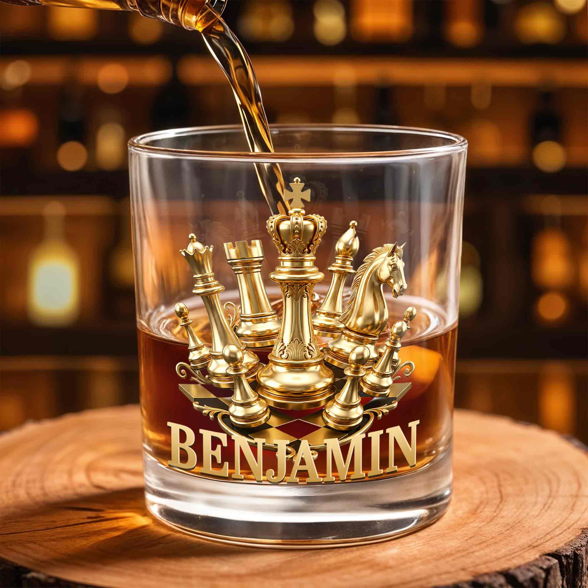 A Classic Match With Gold Chess Pieces And Custom Name - Personalized Custom Whiskey Glass - HOB305_RWG