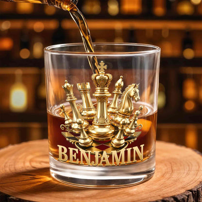 A Classic Match With Gold Chess Pieces And Custom Name - Personalized Custom Whiskey Glass - HOB305_RWG