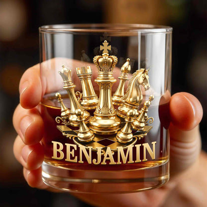 A Classic Match With Gold Chess Pieces And Custom Name - Personalized Custom Whiskey Glass - HOB305_RWG