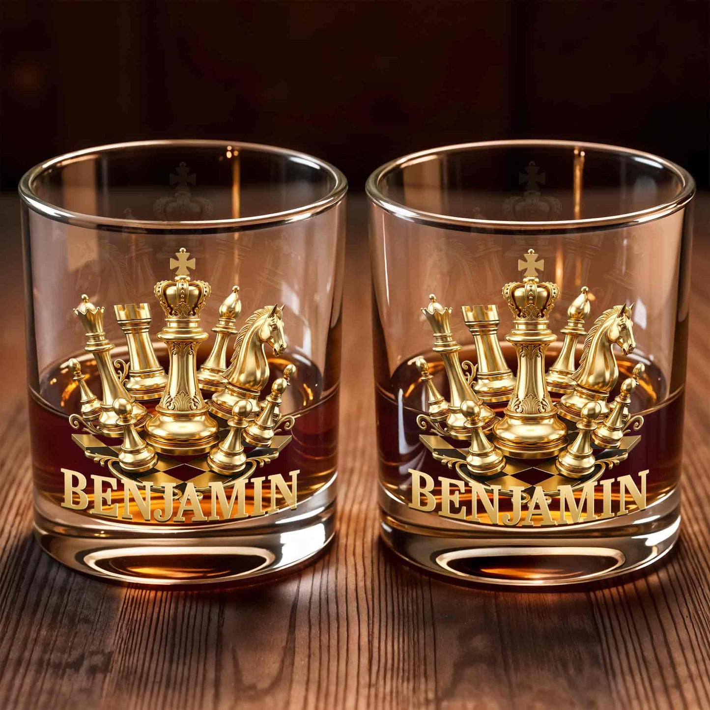 A Classic Match With Gold Chess Pieces And Custom Name - Personalized Custom Whiskey Glass - HOB305_RWG