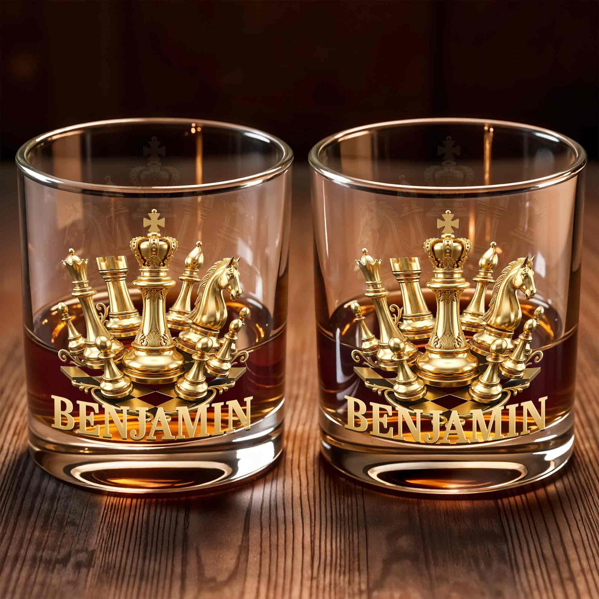 A Classic Match With Gold Chess Pieces And Custom Name - Personalized Custom Whiskey Glass - HOB305_RWG
