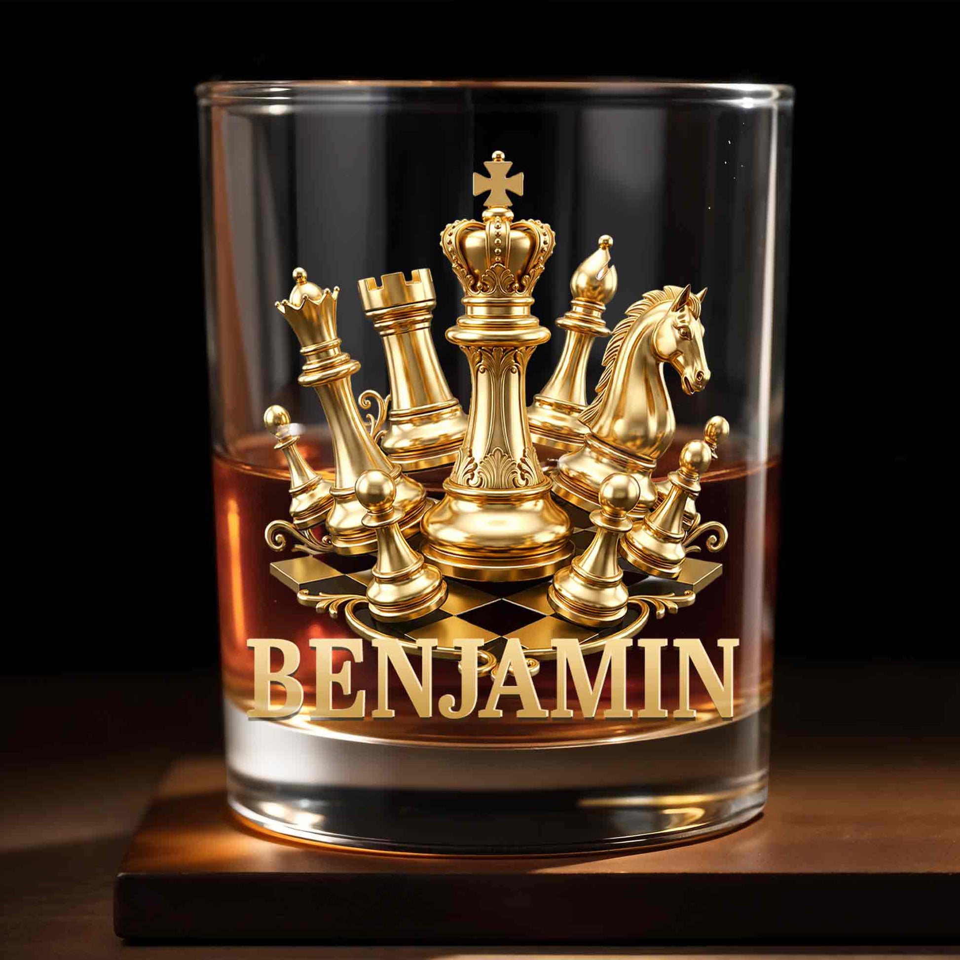 A Classic Match With Gold Chess Pieces And Custom Name - Personalized Custom Whiskey Glass - HOB305_RWG