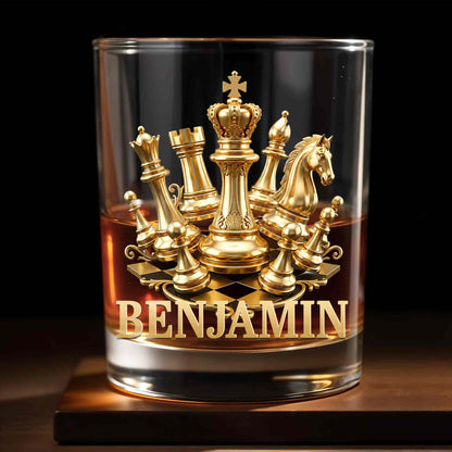 A Classic Match With Gold Chess Pieces And Custom Name - Personalized Custom Whiskey Glass - HOB305_RWG