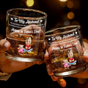 To My Husband, Happy 1st Father's Day, Cartoon Characters And Heart - Personalized Custom Whiskey Glass - HSB028_RWG