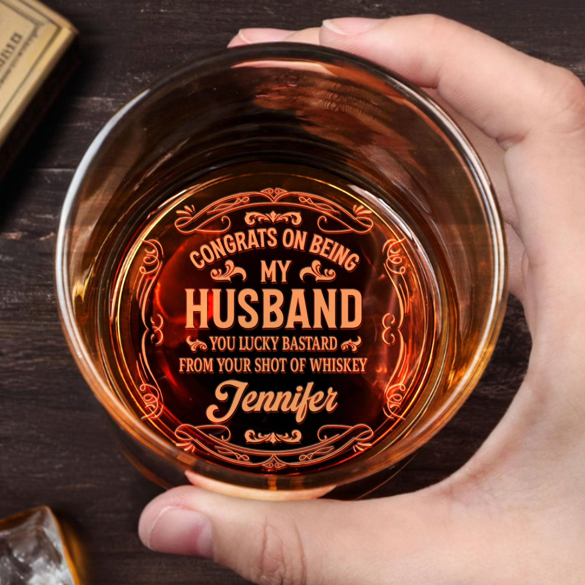 Congrats On Being My Husband, Ornate Text Design - Personalized Engraved Whiskey Glass - HSB032_EWG