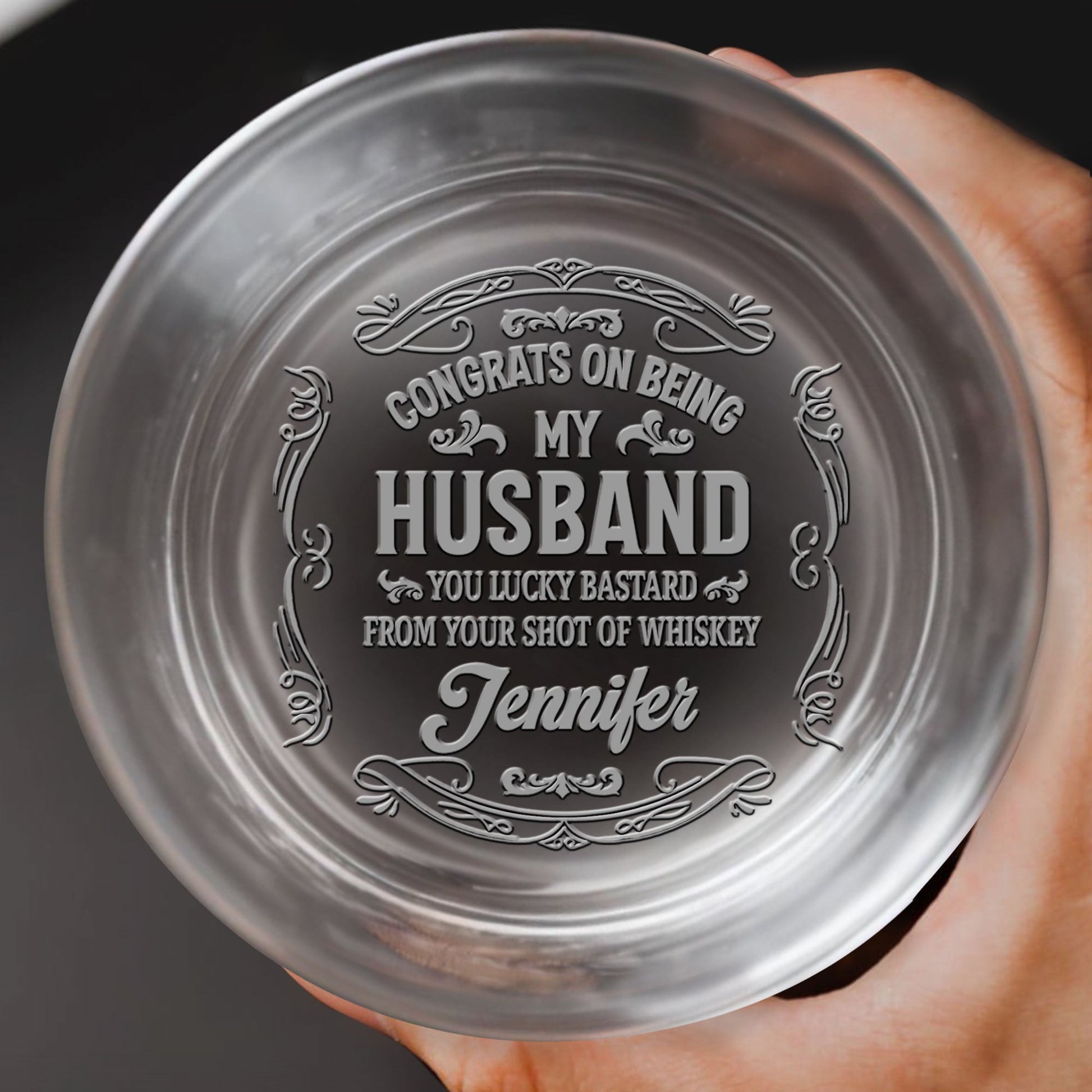 Congrats On Being My Husband, Ornate Text Design - Personalized Engraved Whiskey Glass - HSB032_EWG