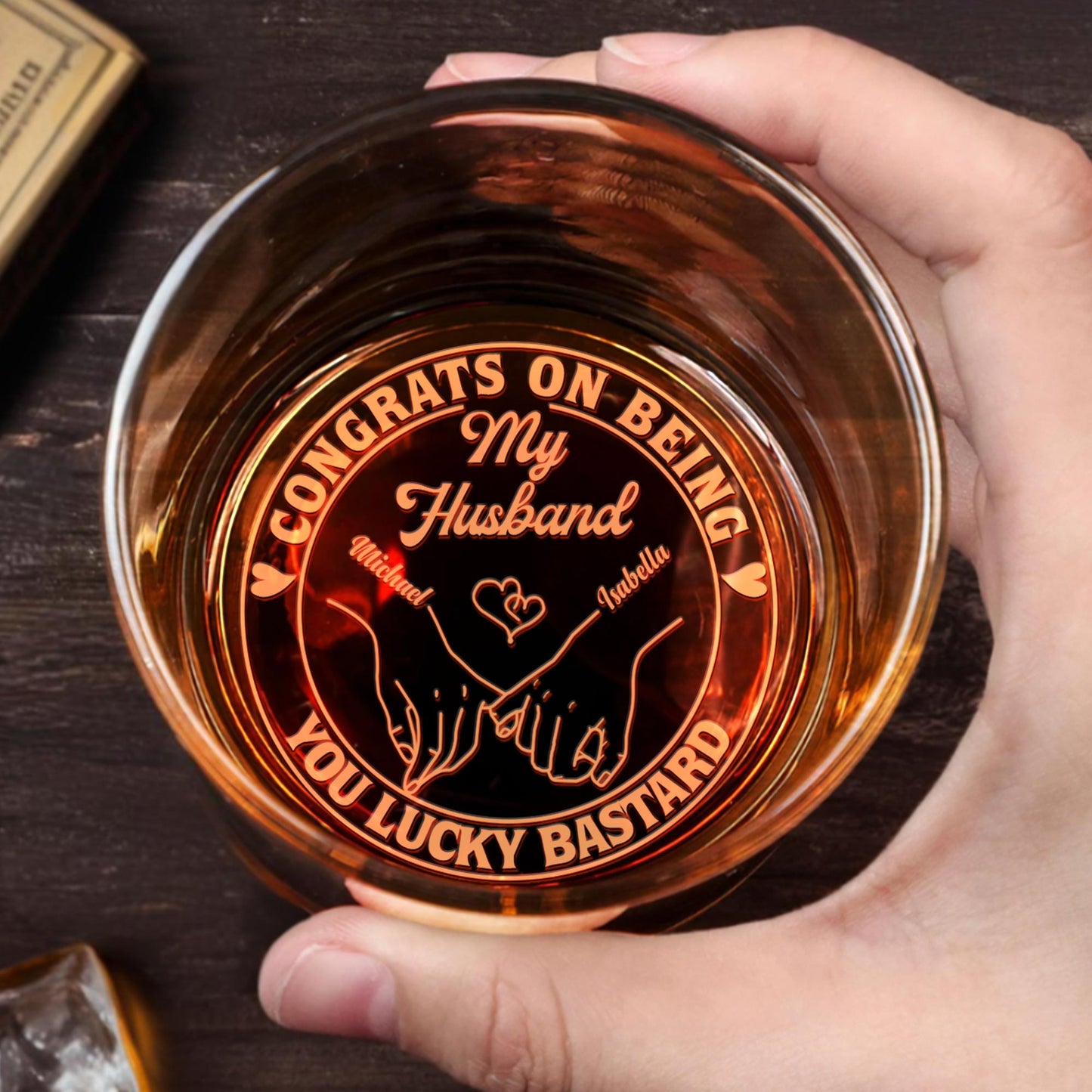 Congrats On Being My Husband, Heart And Hand-Holding Design - Personalized Engraved Whiskey Glass - HSB040_EWG