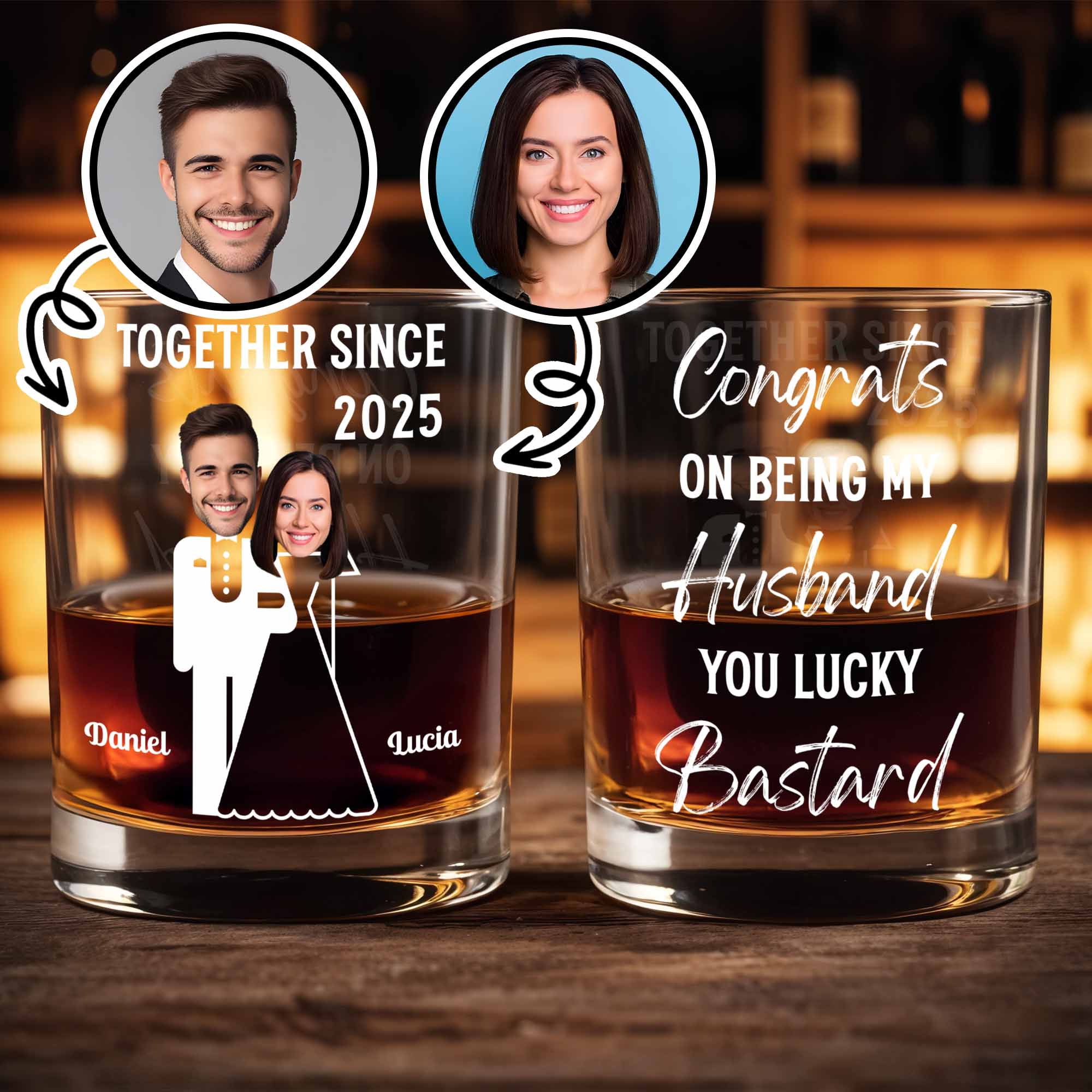 Together Since, Featuring Couple Silhouettes - Personalized Custom Whiskey Glass - HSB044_RWG