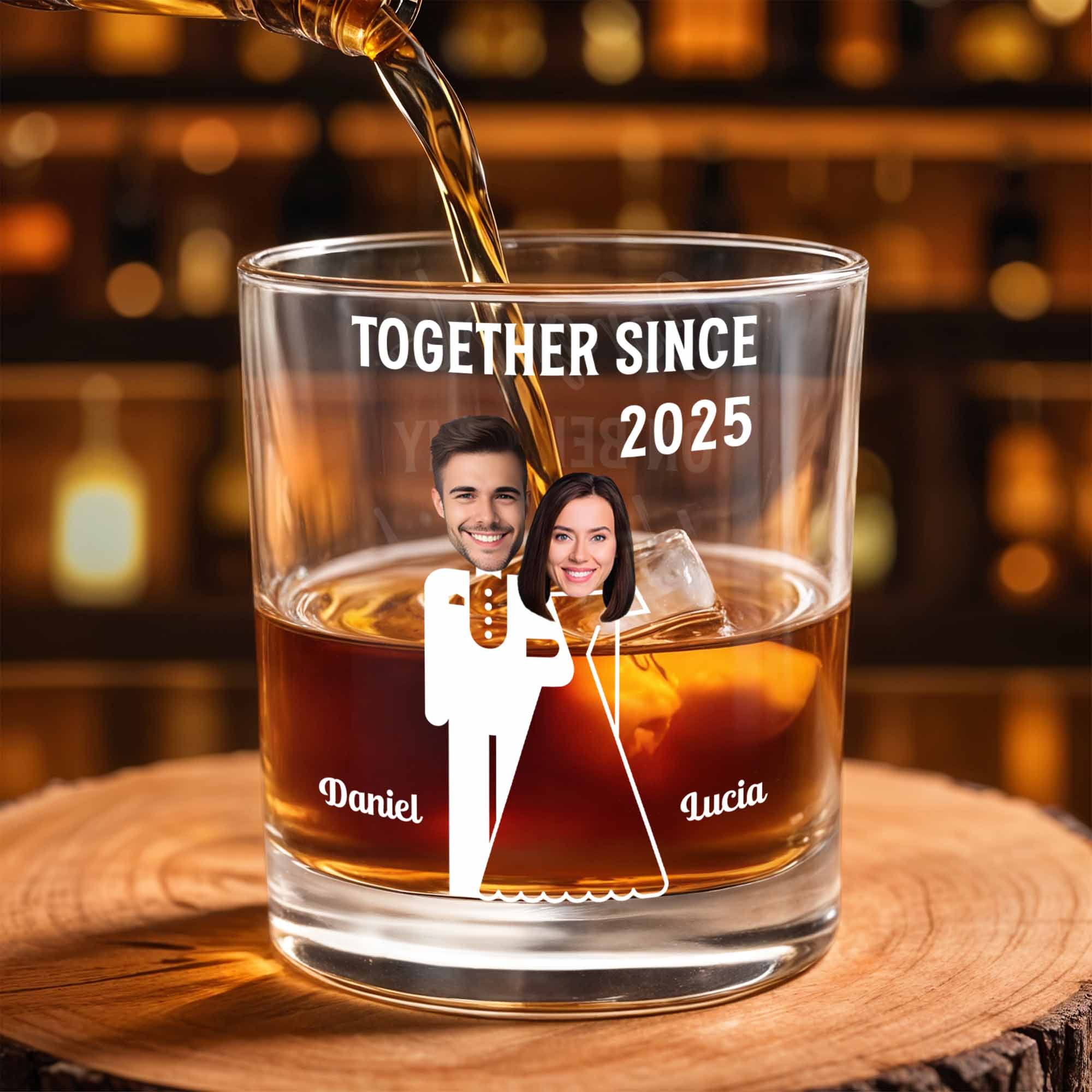 Together Since, Featuring Couple Silhouettes - Personalized Custom Whiskey Glass - HSB044_RWG