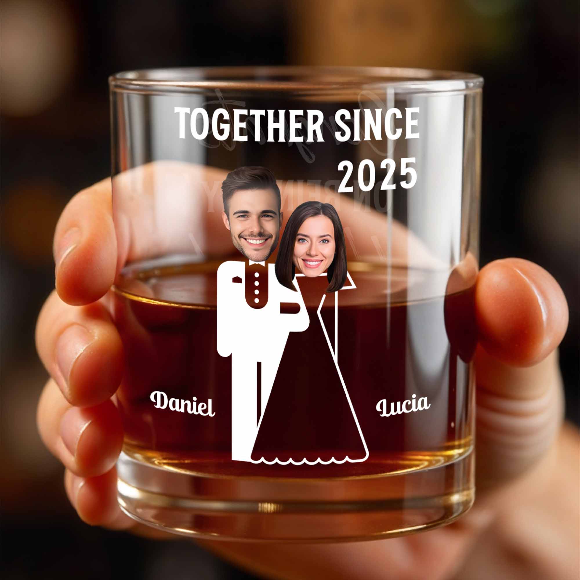 Together Since, Featuring Couple Silhouettes - Personalized Custom Whiskey Glass - HSB044_RWG