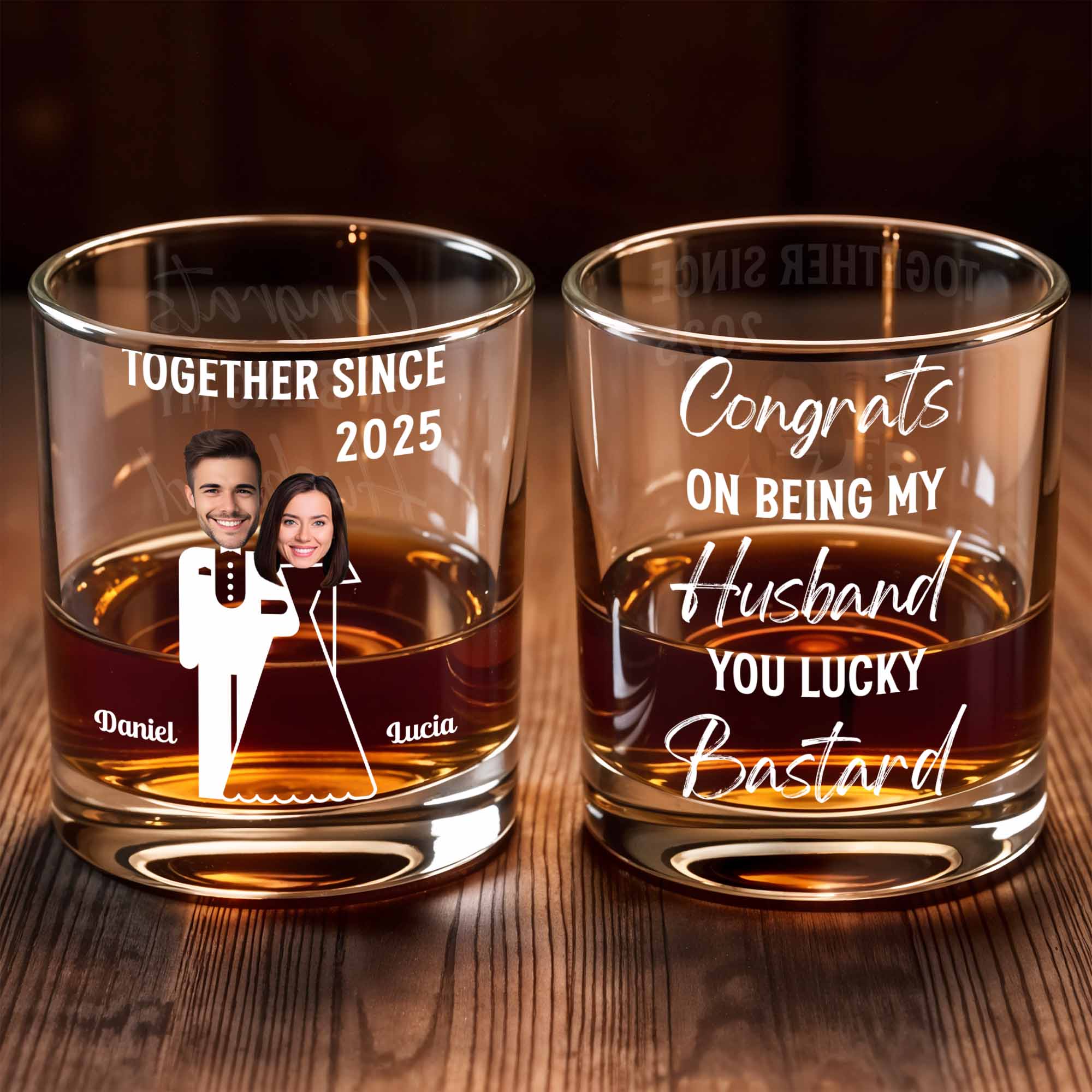 Together Since, Featuring Couple Silhouettes - Personalized Custom Whiskey Glass - HSB044_RWG