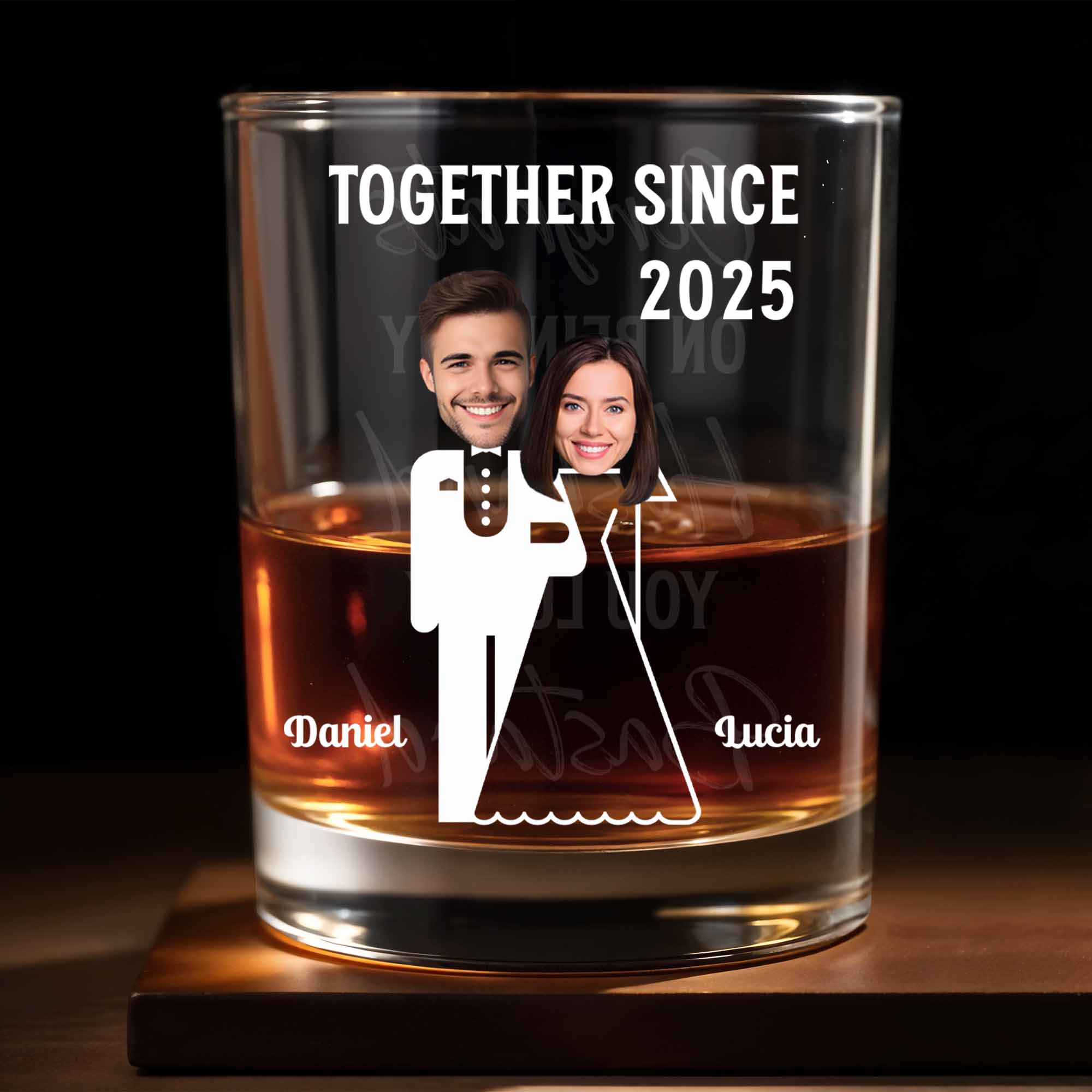 Together Since, Featuring Couple Silhouettes - Personalized Custom Whiskey Glass - HSB044_RWG