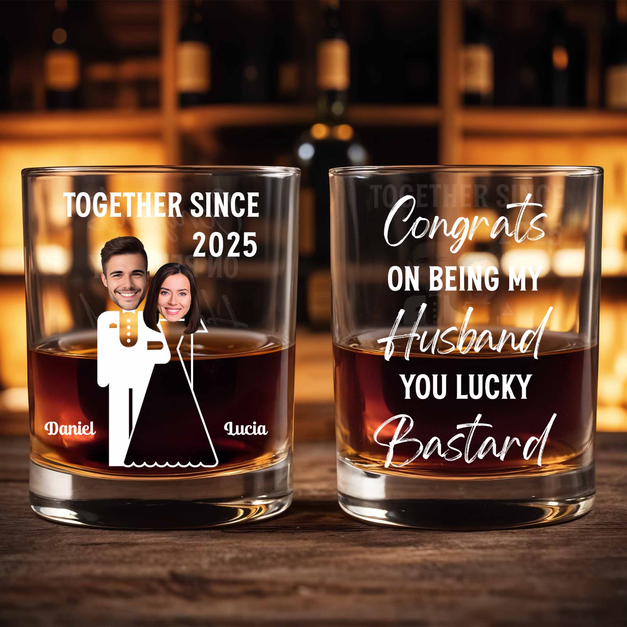 Together Since, Featuring Couple Silhouettes - Personalized Custom Whiskey Glass - HSB044_RWG