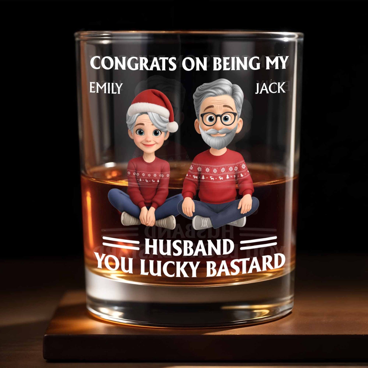 Congrats On Being My Husband, Christmas Hats And Holiday Sweaters Design - Personalized Custom Whiskey Glass - HSB055_RWG