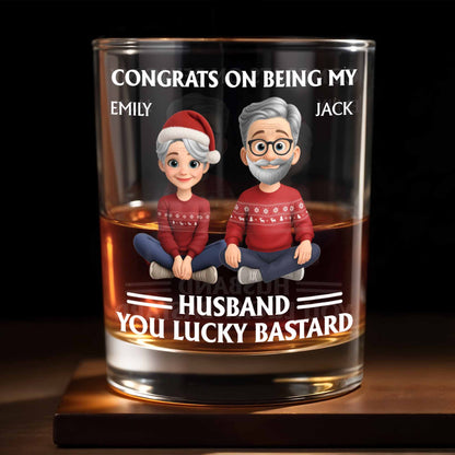 Congrats On Being My Husband, Christmas Hats And Holiday Sweaters Design - Personalized Custom Whiskey Glass - HSB055_RWG