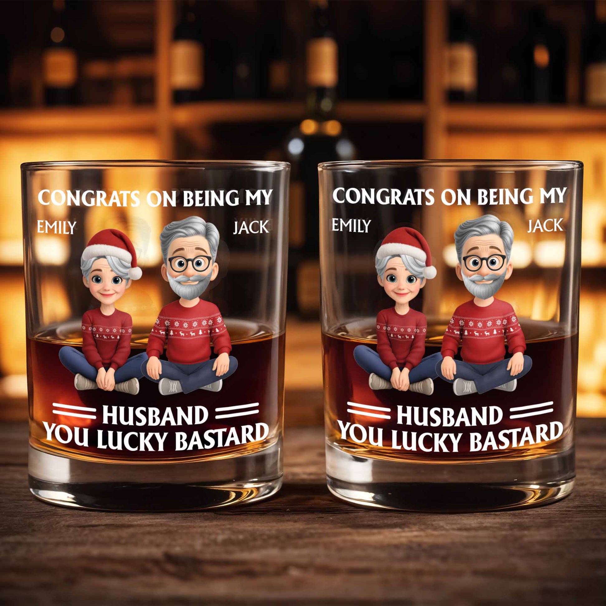 Congrats On Being My Husband, Christmas Hats And Holiday Sweaters Design - Personalized Custom Whiskey Glass - HSB055_RWG