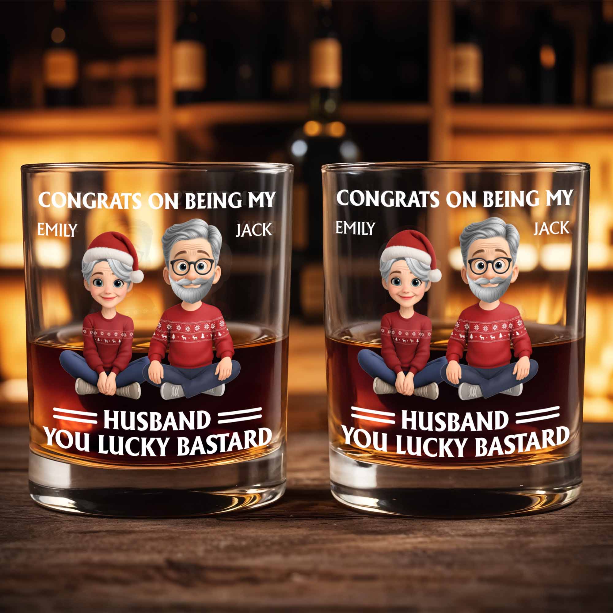 Congrats On Being My Husband, Christmas Hats And Holiday Sweaters Design - Personalized Custom Whiskey Glass - HSB055_RWG