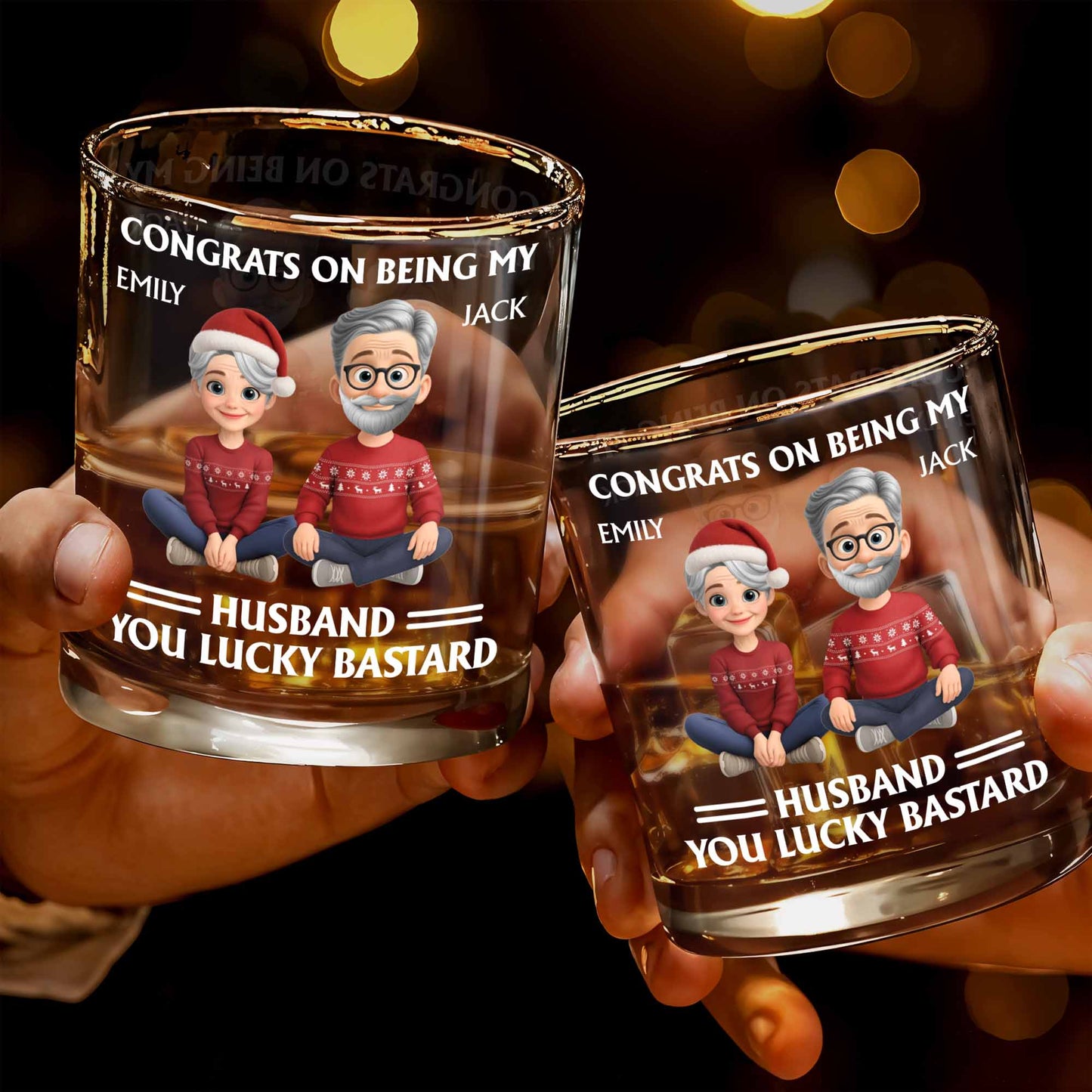Congrats On Being My Husband, Christmas Hats And Holiday Sweaters Design - Personalized Custom Whiskey Glass - HSB055_RWG