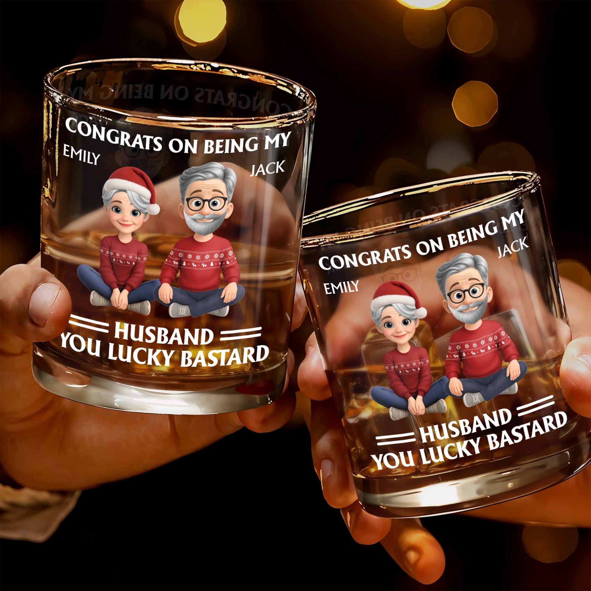 Congrats On Being My Husband, Christmas Hats And Holiday Sweaters Design - Personalized Custom Whiskey Glass - HSB055_RWG