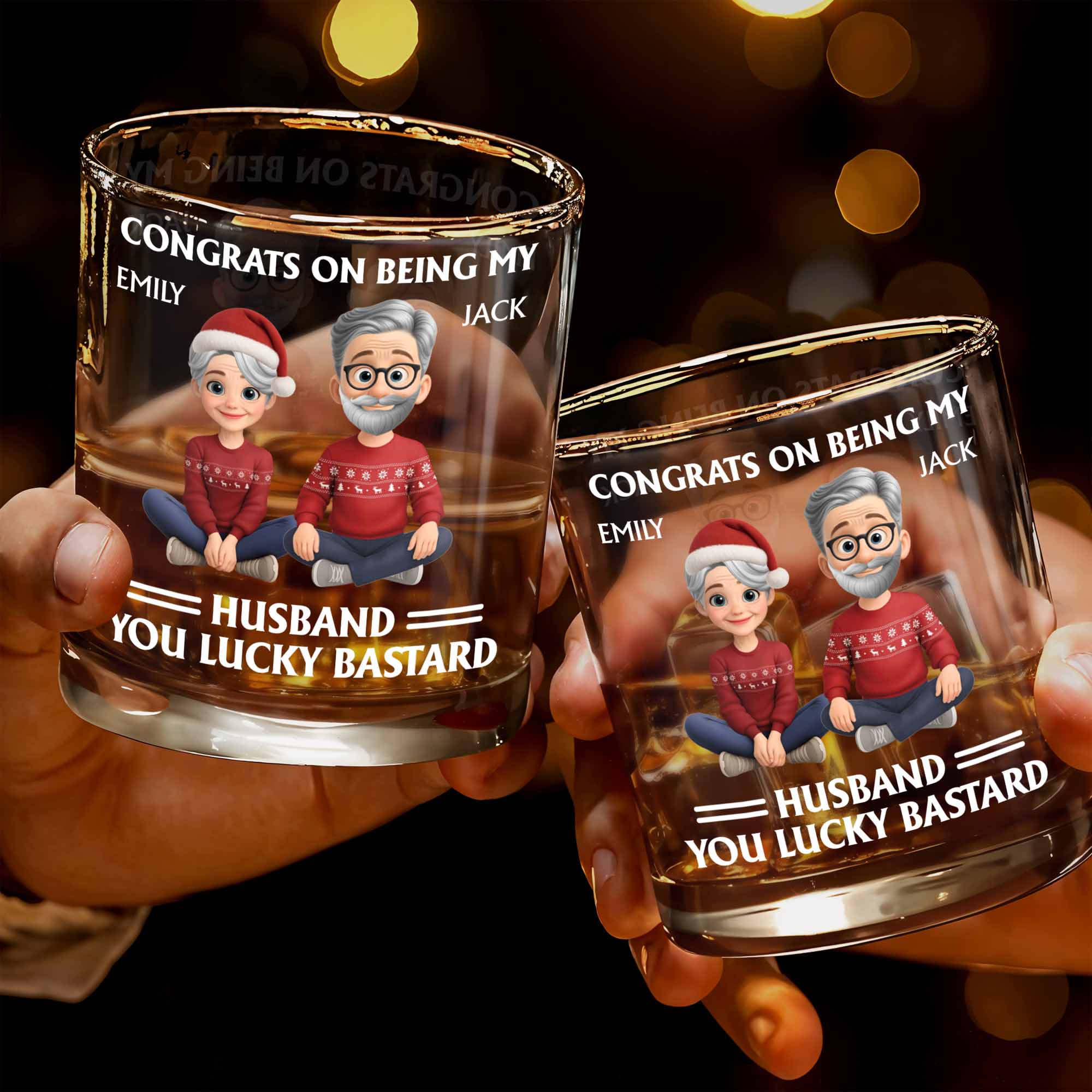 Congrats On Being My Husband, Christmas Hats And Holiday Sweaters Design - Personalized Custom Whiskey Glass - HSB055_RWG