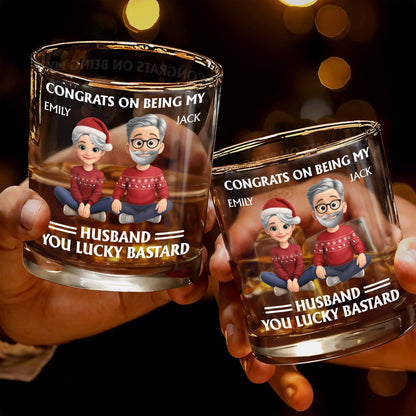 Congrats On Being My Husband, Christmas Hats And Holiday Sweaters Design - Personalized Custom Whiskey Glass - HSB055_RWG