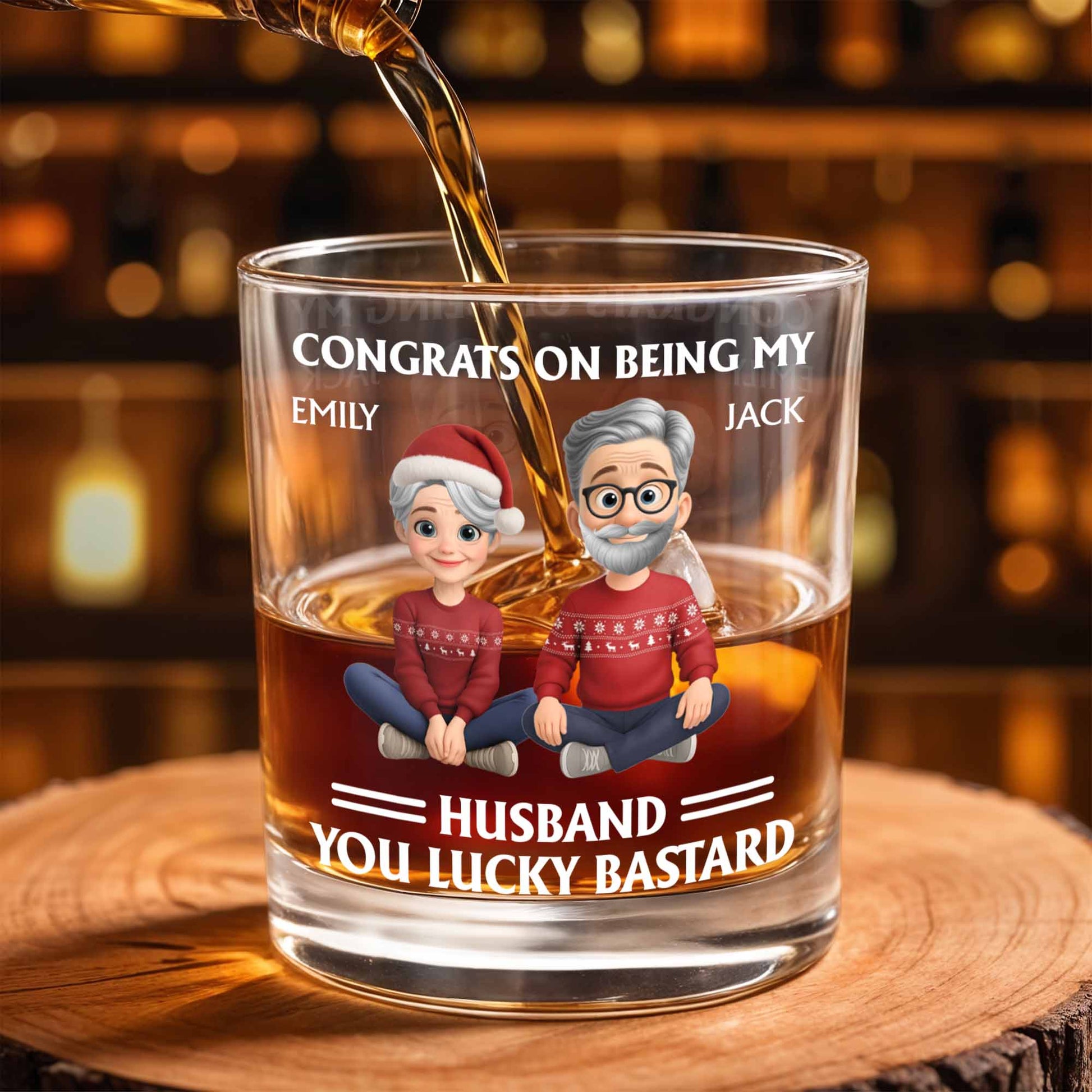 Congrats On Being My Husband, Christmas Hats And Holiday Sweaters Design - Personalized Custom Whiskey Glass - HSB055_RWG