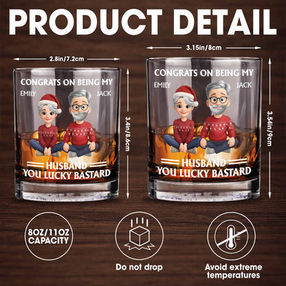 Congrats On Being My Husband, Christmas Hats And Holiday Sweaters Design - Personalized Custom Whiskey Glass - HSB055_RWG