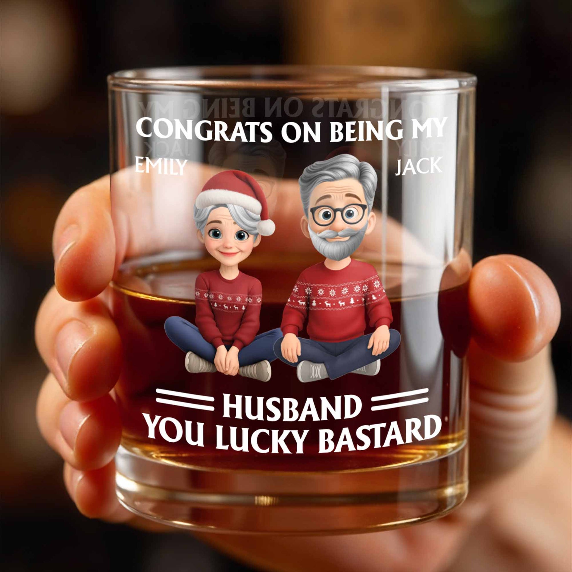 Congrats On Being My Husband, Christmas Hats And Holiday Sweaters Design - Personalized Custom Whiskey Glass - HSB055_RWG