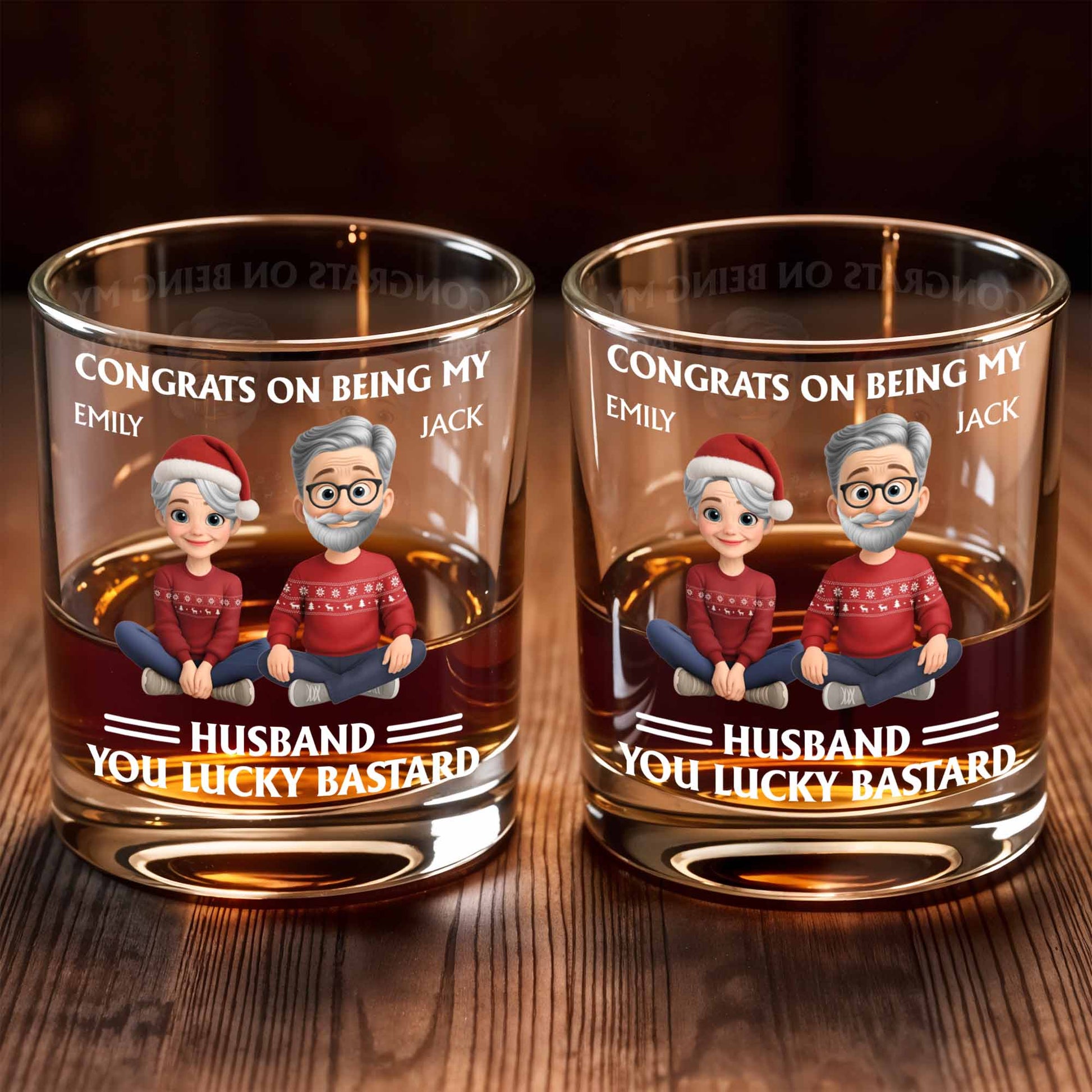 Congrats On Being My Husband, Christmas Hats And Holiday Sweaters Design - Personalized Custom Whiskey Glass - HSB055_RWG