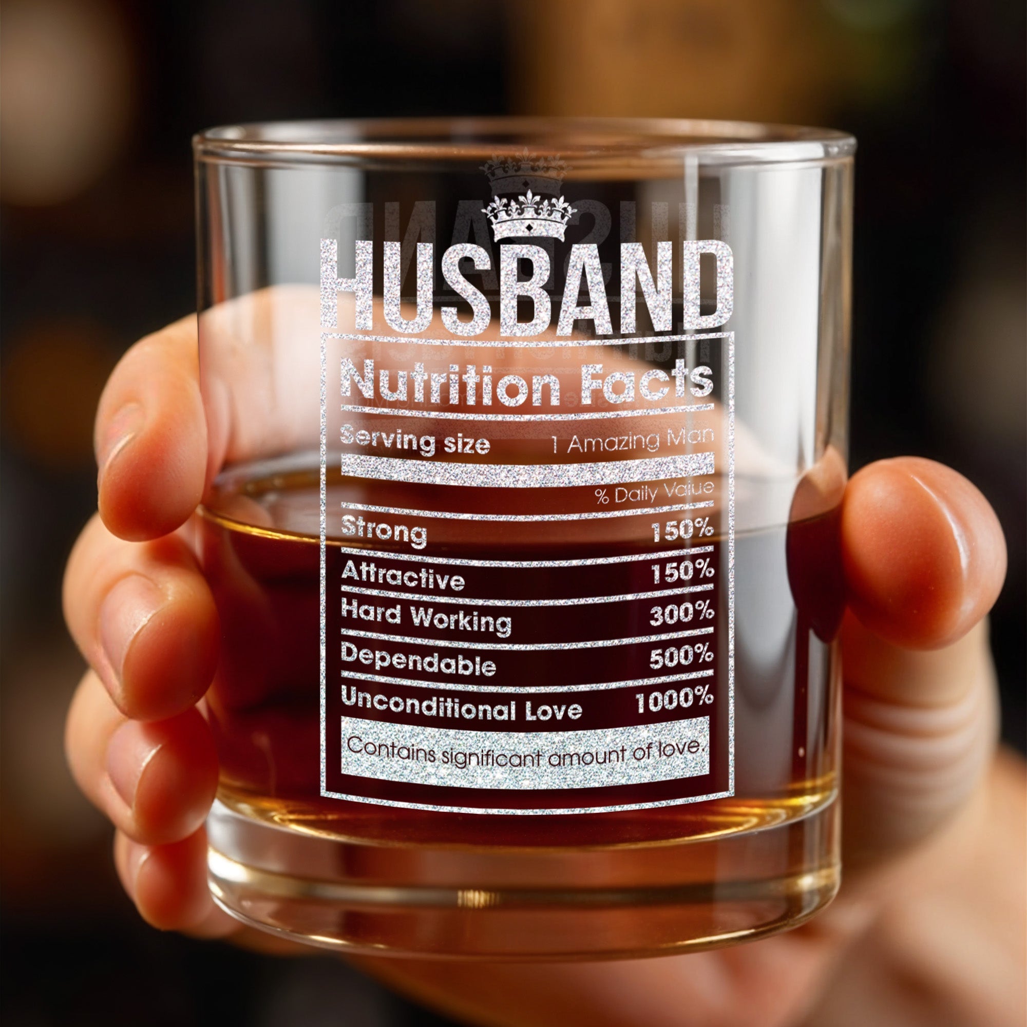 Husband Nutrition Facts, Contains Significant Amount Of Love - Personalized Custom Whiskey Glass - HSB069_RWG