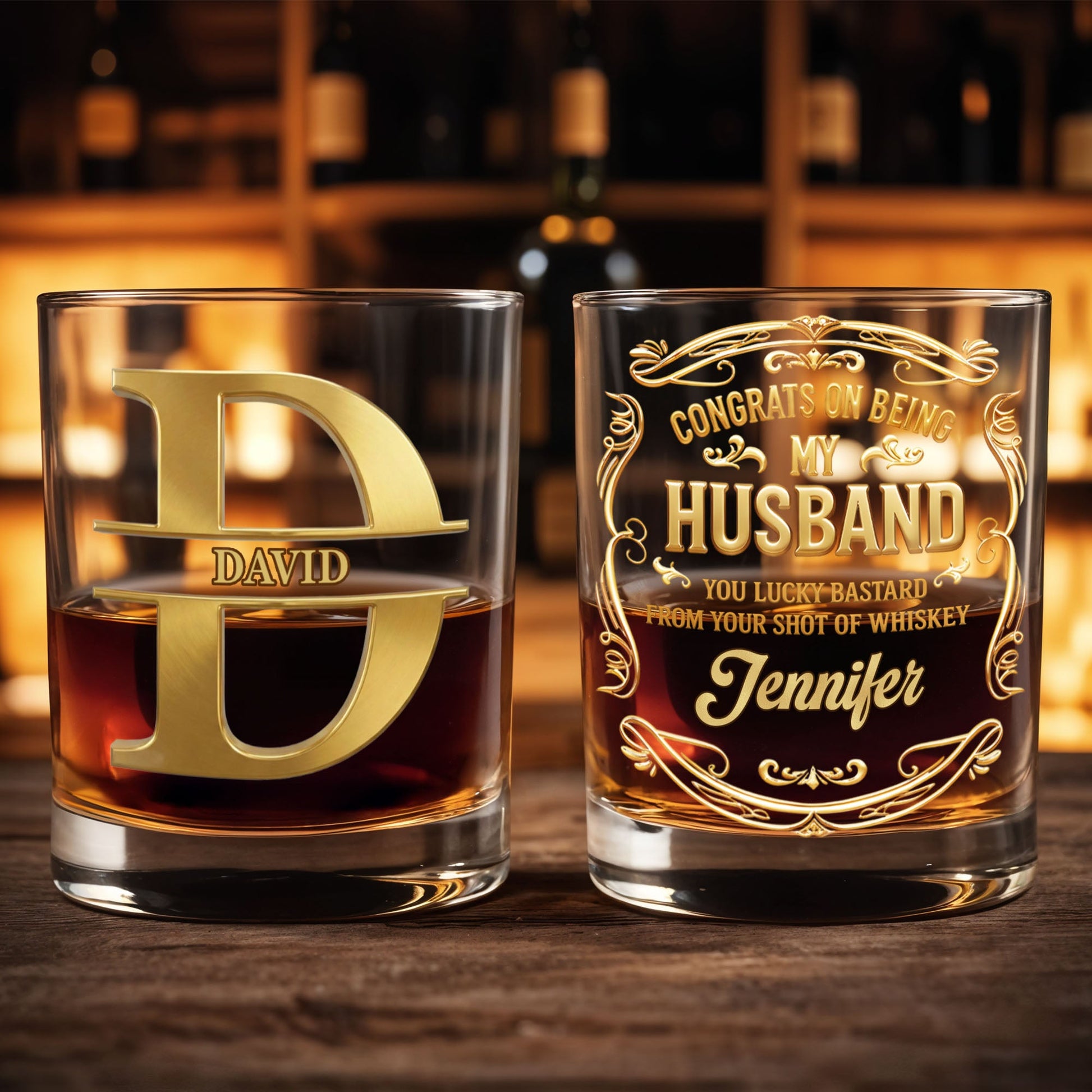 Congrats On Being My Husband Monogram Initial And Ornate Border - Personalized Custom Whiskey Glass - HSB084_RWG