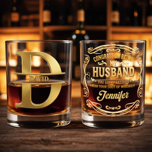 Congrats On Being My Husband Monogram Initial And Ornate Border - Personalized Custom Whiskey Glass - HSB084_RWG