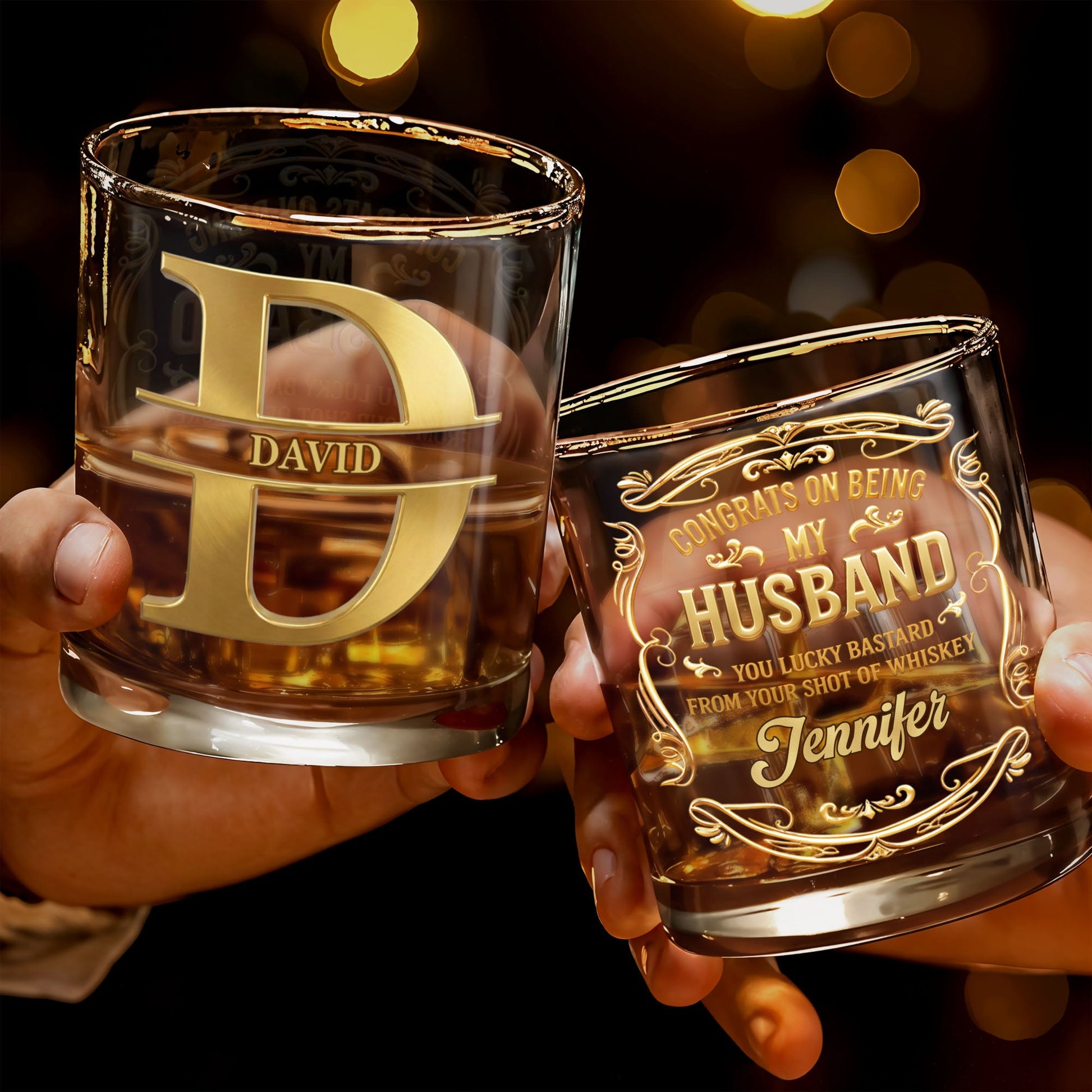 Congrats On Being My Husband Monogram Initial And Ornate Border - Personalized Custom Whiskey Glass - HSB084_RWG