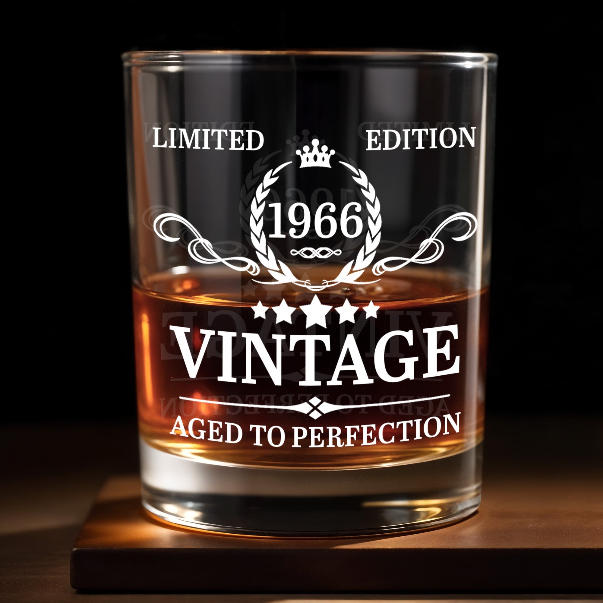 Limited Edition Vintage Aged To Perfection With Crown And Laurel Wreath - Personalized Custom Whiskey Glass - HSB114_RWG