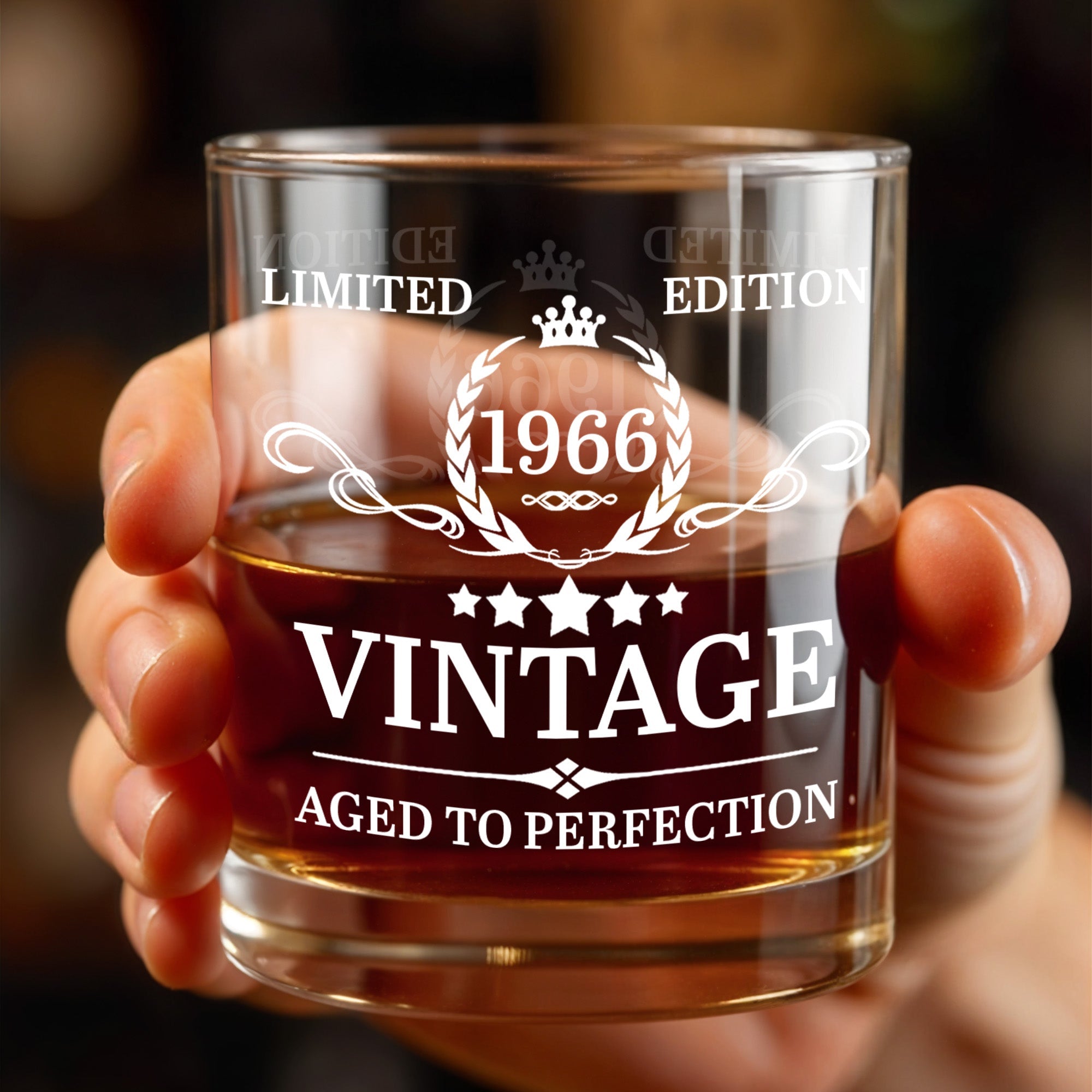 Limited Edition Vintage Aged To Perfection With Crown And Laurel Wreath - Personalized Custom Whiskey Glass - HSB114_RWG