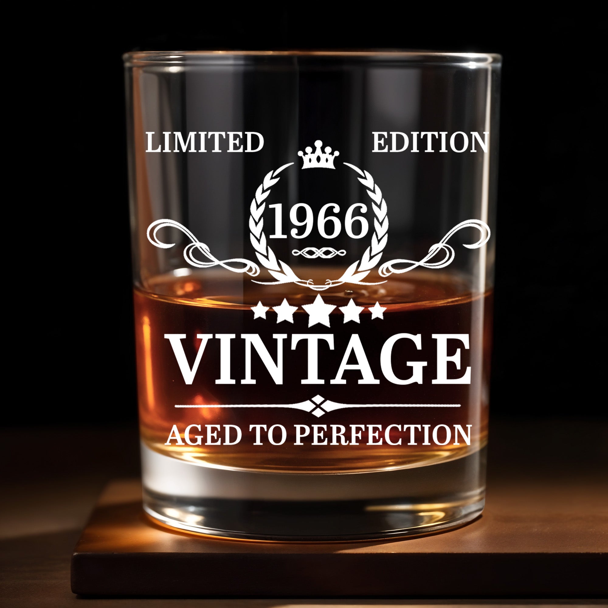 Limited Edition Vintage Aged To Perfection With Crown And Laurel Wreath - Personalized Custom Whiskey Glass - HSB114_RWG