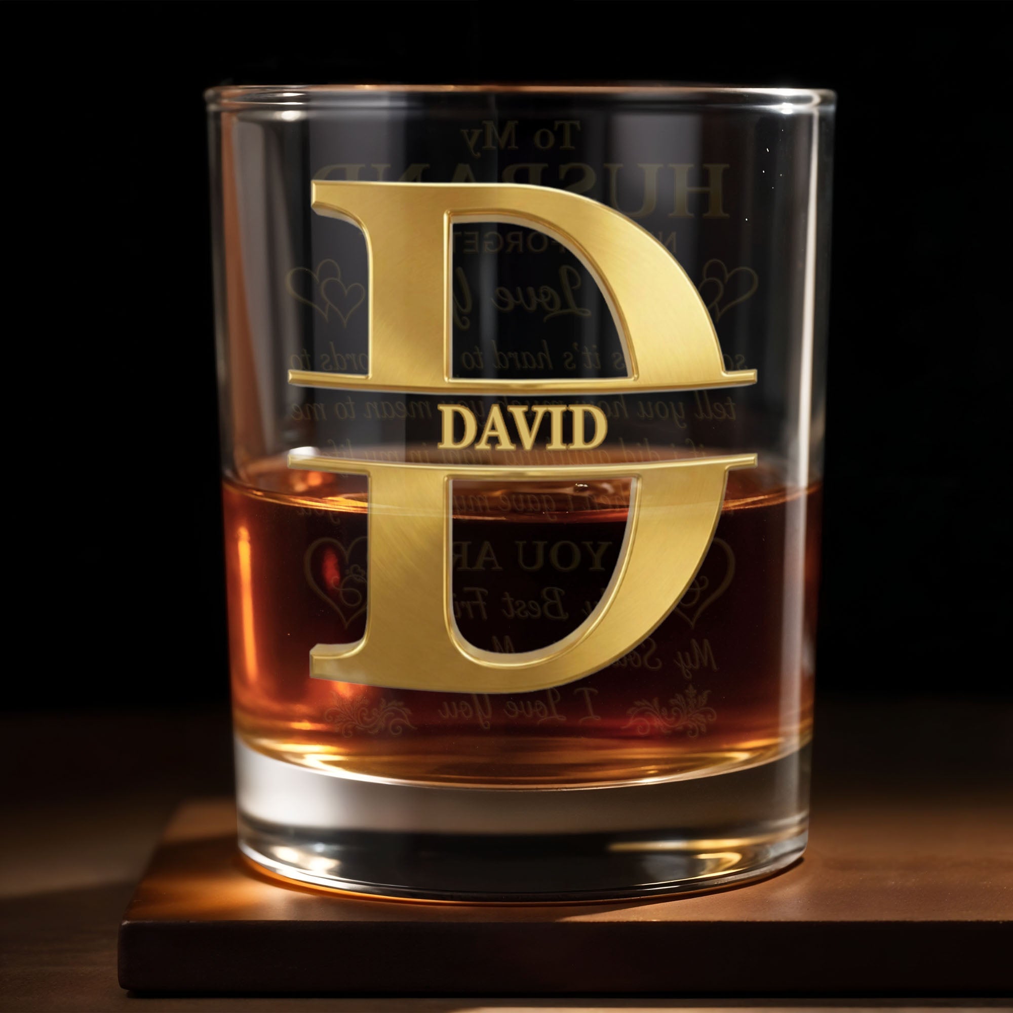 To My Husband Never Forget Personalized Monogram Initial Hearts - Personalized Custom Whiskey Glass - HSB133_RWG