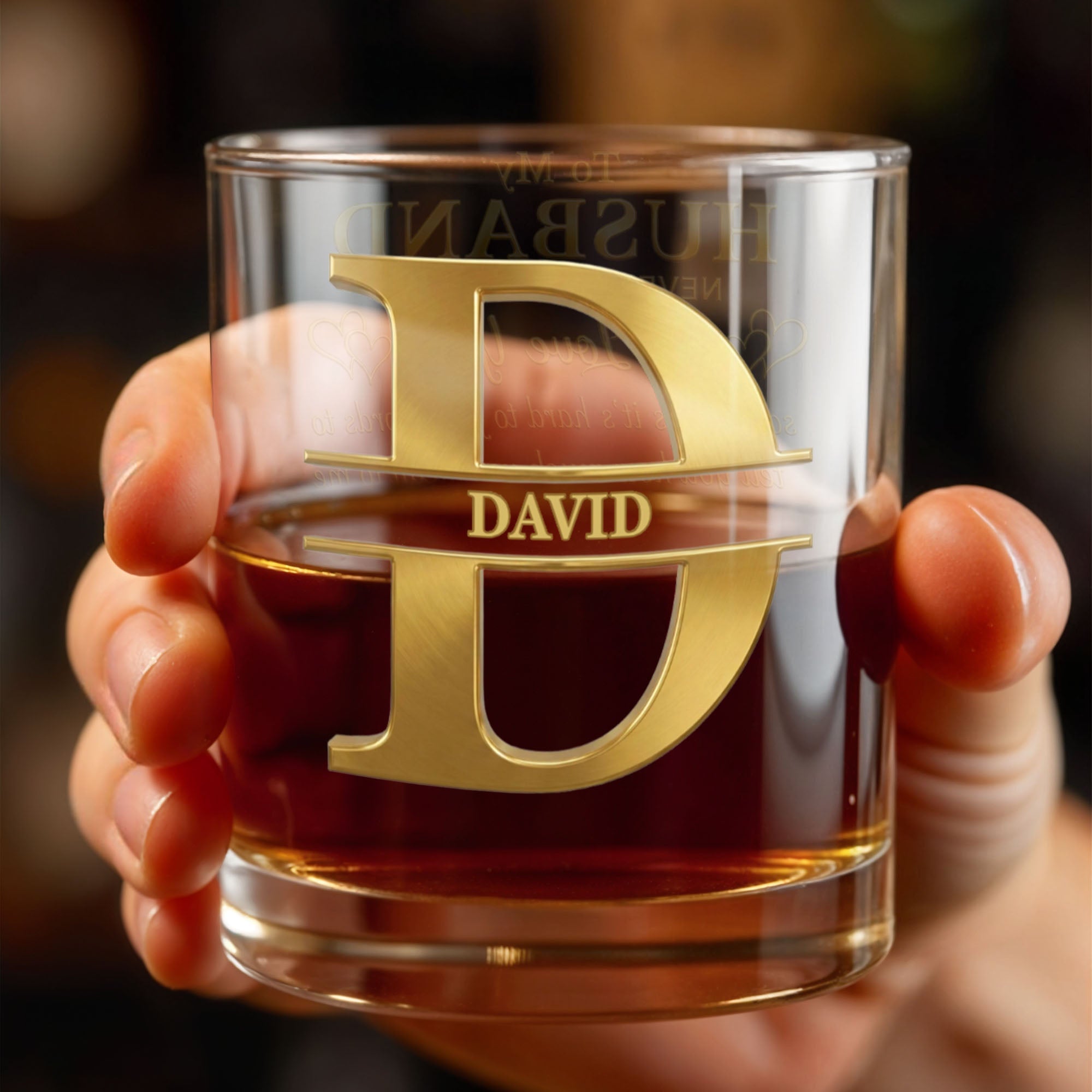 To My Husband Never Forget Personalized Monogram Initial Hearts - Personalized Custom Whiskey Glass - HSB133_RWG