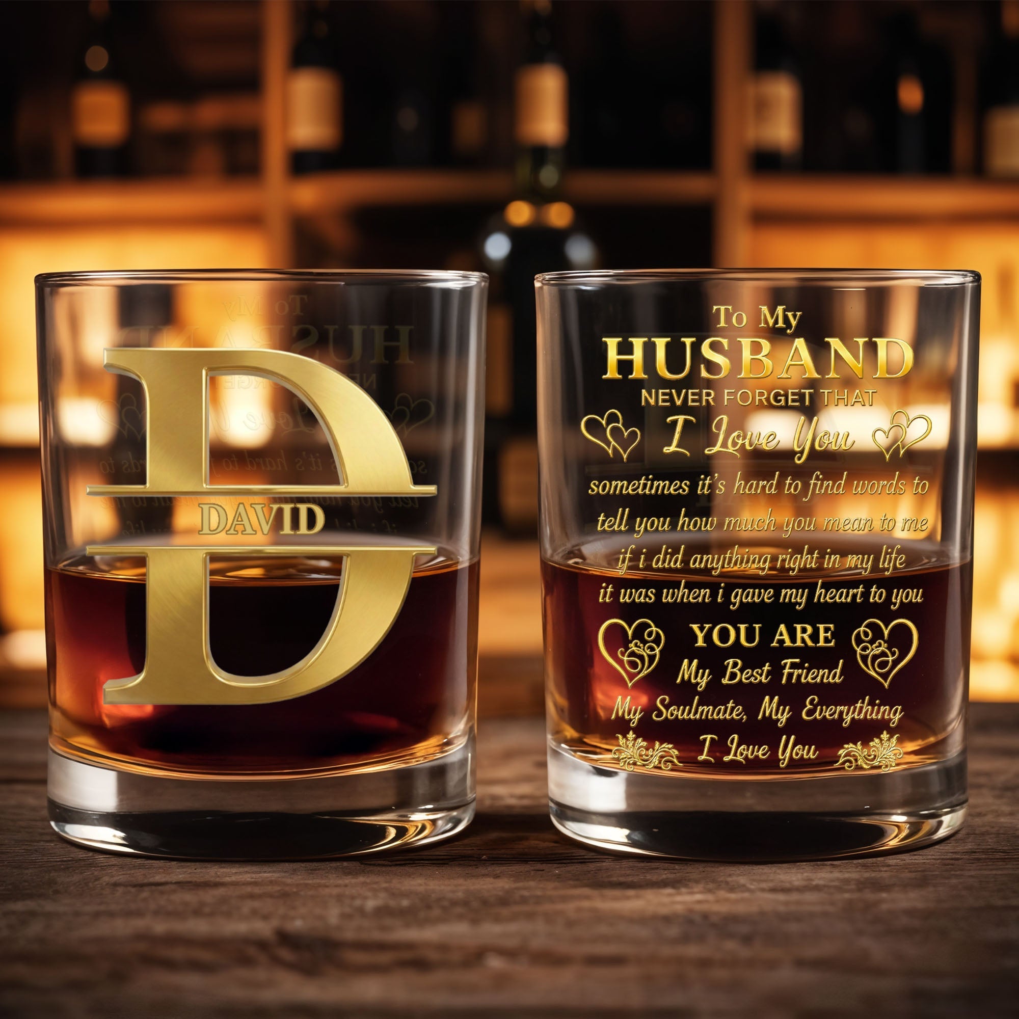 To My Husband Never Forget Personalized Monogram Initial Hearts - Personalized Custom Whiskey Glass - HSB133_RWG