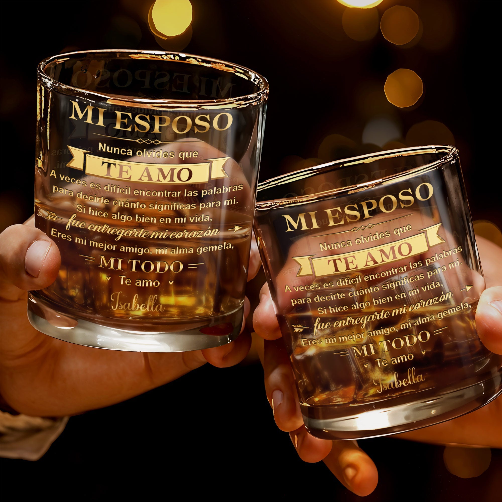 Mi Esposo Nunca Olvides Que Te Amo Heart And Banner Design - Personalized Custom Whiskey Glass - HSB135_RWG