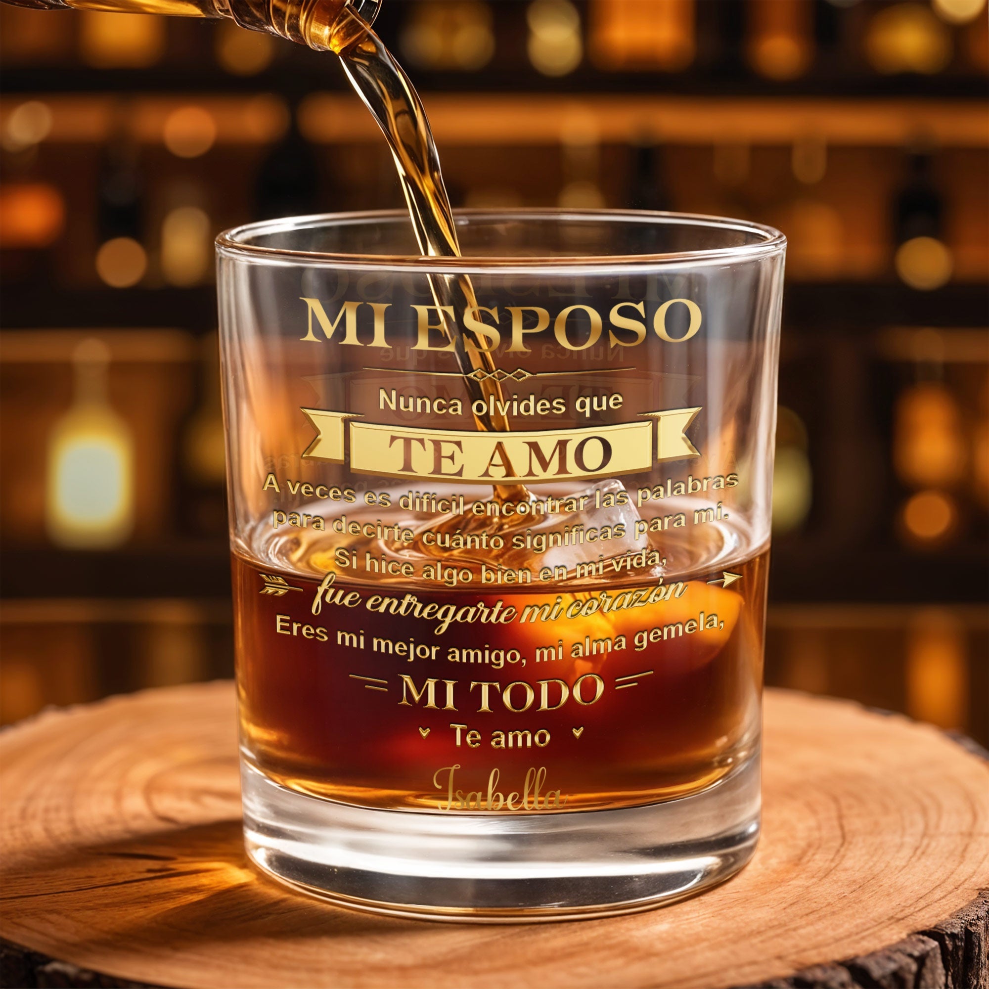Mi Esposo Nunca Olvides Que Te Amo Heart And Banner Design - Personalized Custom Whiskey Glass - HSB135_RWG