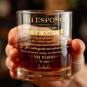 Mi Esposo Nunca Olvides Que Te Amo Heart And Banner Design - Personalized Custom Whiskey Glass - HSB135_RWG