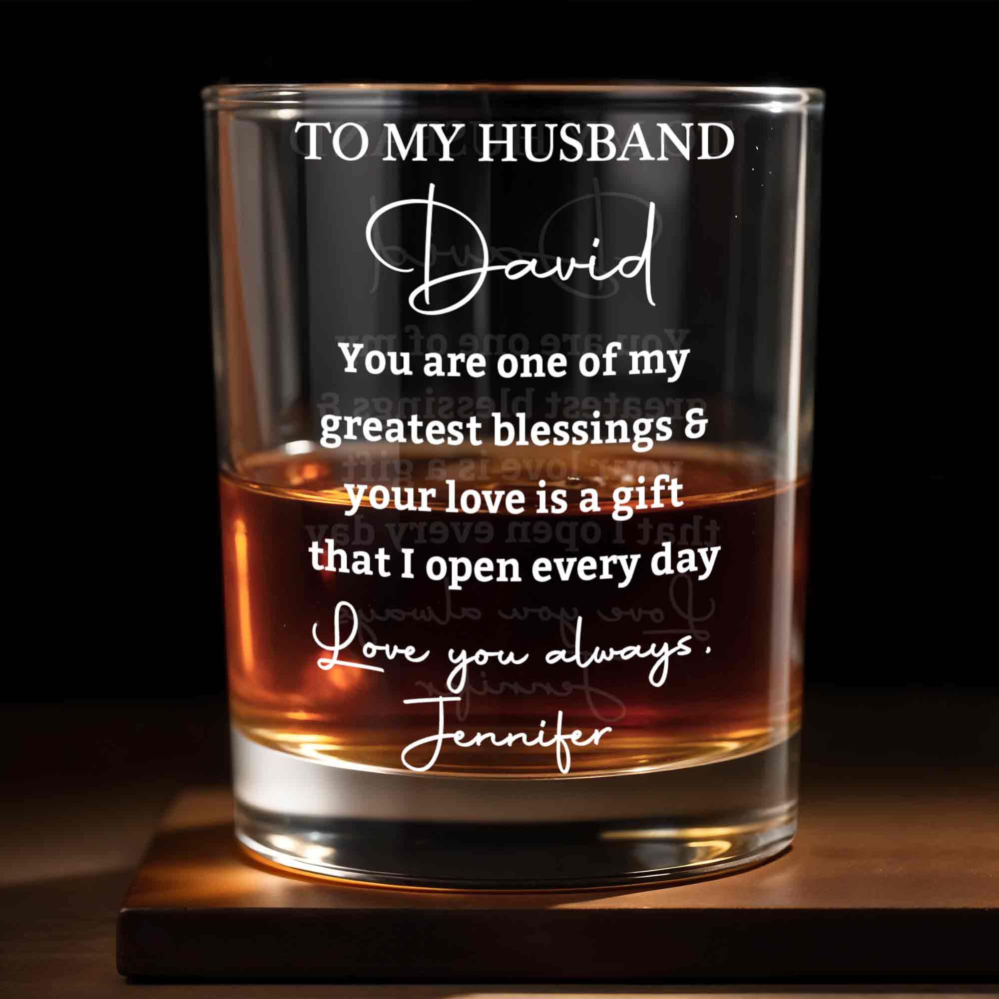 To My Husband Greatest Blessings Love Is A Gift Script Design - Personalized Custom Whiskey Glass - HSB142_RWG