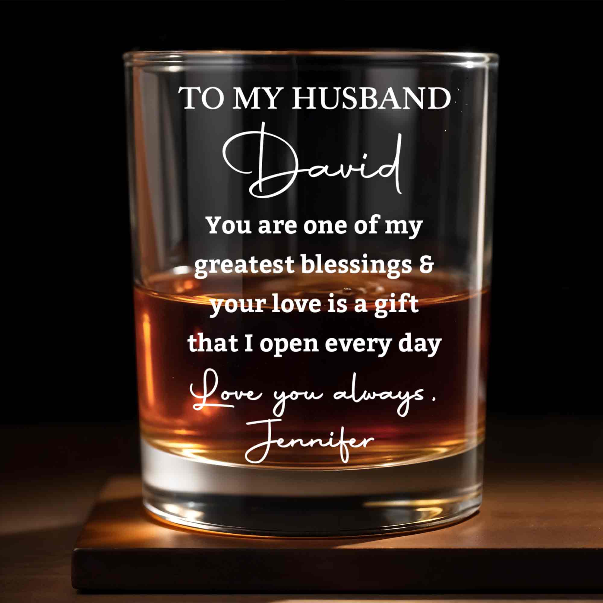 To My Husband Greatest Blessings Love Is A Gift Script Design - Personalized Custom Whiskey Glass - HSB142_RWG