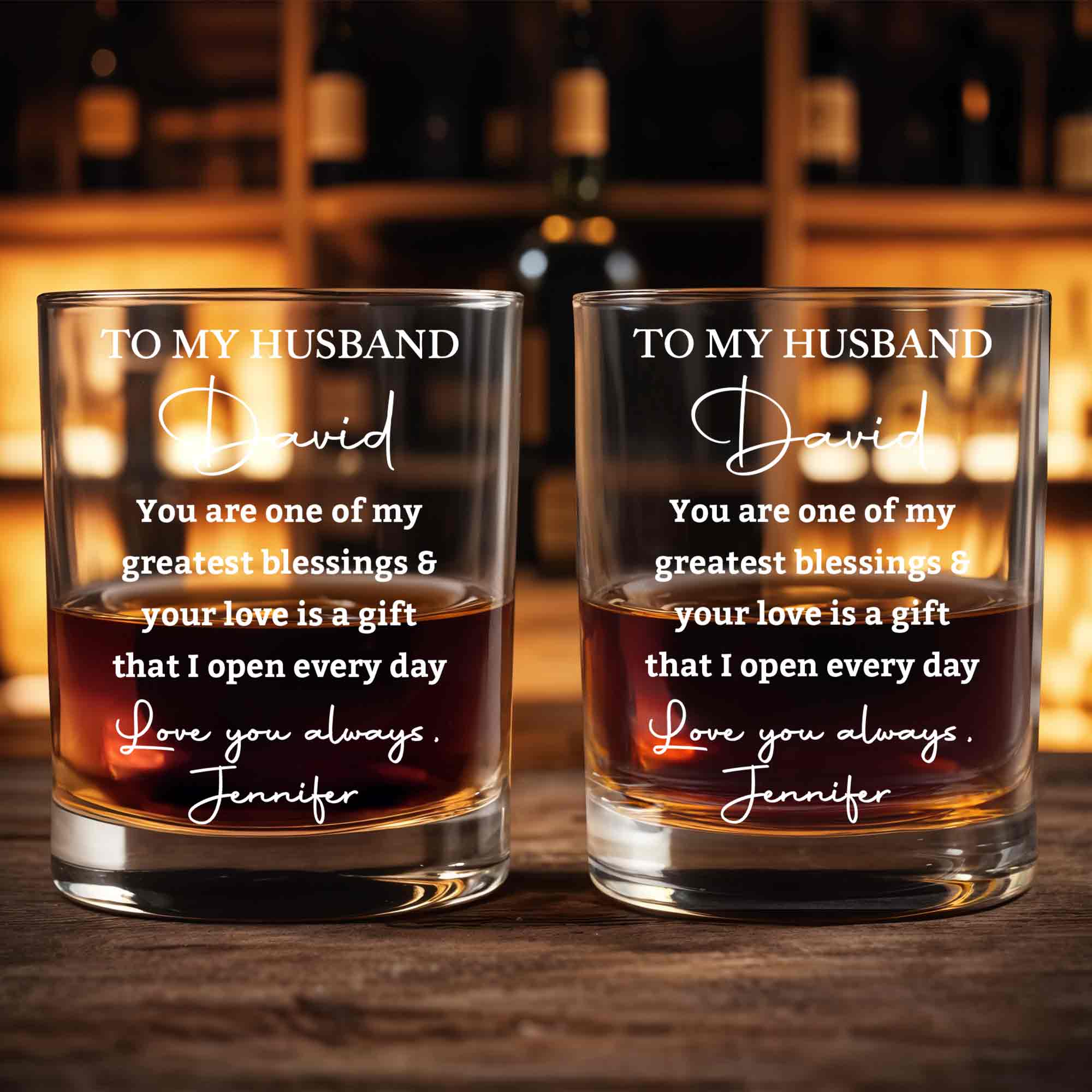 To My Husband Greatest Blessings Love Is A Gift Script Design - Personalized Custom Whiskey Glass - HSB142_RWG