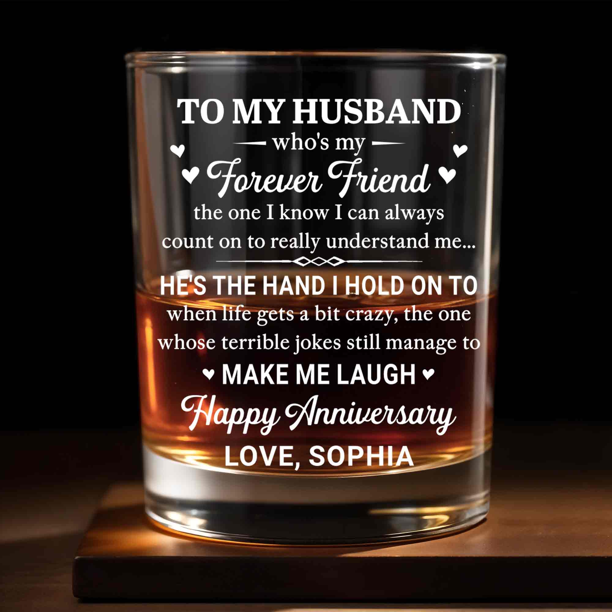 To My Husband Forever Friend Hearts Happy Anniversary - Personalized Custom Whiskey Glass - HSB144_RWG