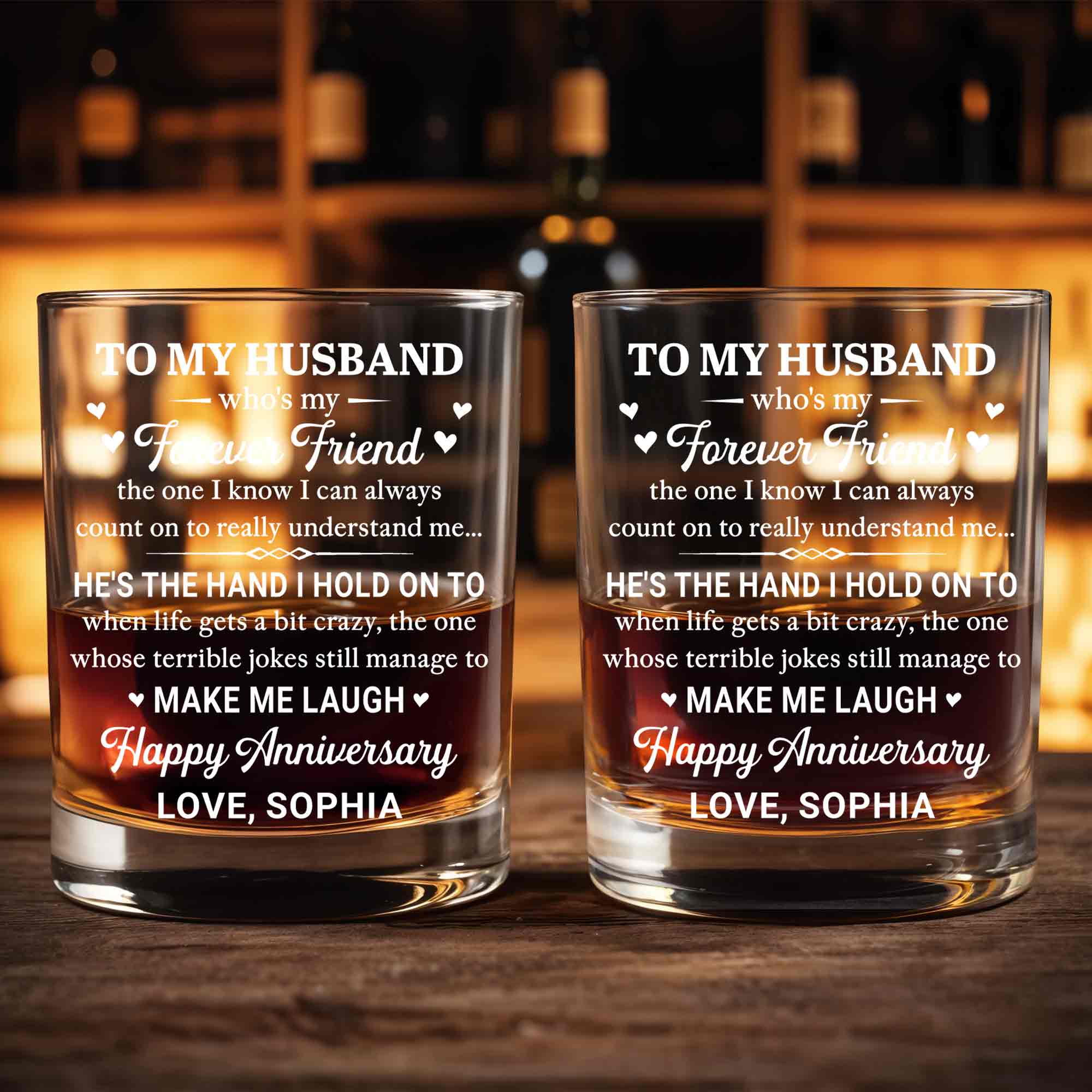 To My Husband Forever Friend Hearts Happy Anniversary - Personalized Custom Whiskey Glass - HSB144_RWG
